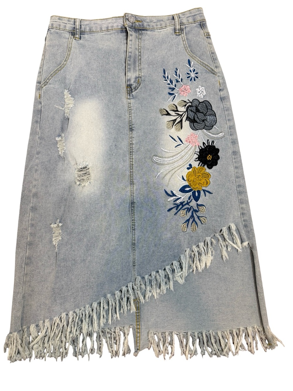 Light Wash Denim Midi Skirt with Floral Embroider Asymmetrical  Frayed Hem SZ Lm